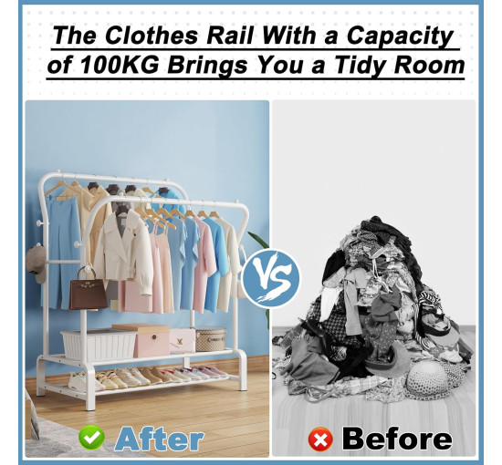 Міцна вішалка для одягу SMILOVII YJ-D02 з металевою подвійною вішалкою для пальто, 4 боковими гачками, 2-рівневою полицею для взуття, біла (0090)