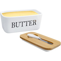 Масленка DAWRIS с деревянной крышкой, прямоугольная керамическая масленка, герметичная масленка с ножом для масла, белая (0152)