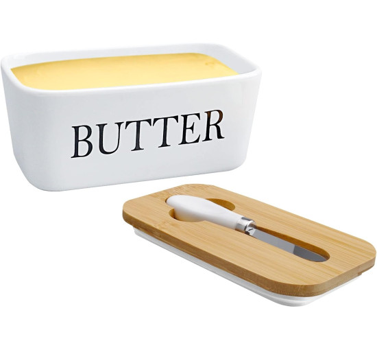 Маслянка DAWRIS з дерев'яною кришкою, прямокутна керамічна маслянка, герметична маслянка з ножем для масла, біла (0152)