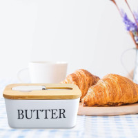 Масленка DAWRIS с деревянной крышкой, прямоугольная керамическая масленка, герметичная масленка с ножом для масла, белая (0152)