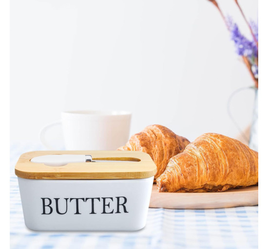 Маслянка DAWRIS з дерев'яною кришкою, прямокутна керамічна маслянка, герметична маслянка з ножем для масла, біла (0152)