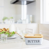 Масленка DAWRIS с деревянной крышкой, прямоугольная керамическая масленка, герметичная масленка с ножом для масла, белая (0152)