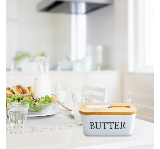 Маслянка DAWRIS з дерев'яною кришкою, прямокутна керамічна маслянка, герметична маслянка з ножем для масла, біла (0152)