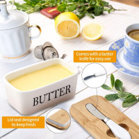 Масленка DAWRIS с деревянной крышкой, прямоугольная керамическая масленка, герметичная масленка с ножом для масла, белая (0152)