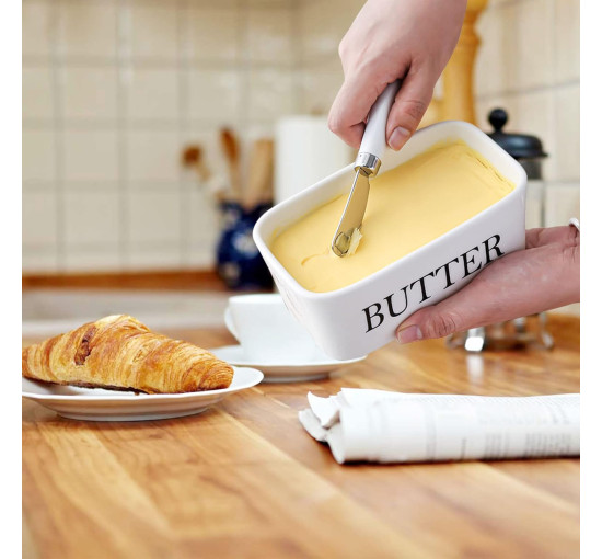 Маслянка DAWRIS з дерев'яною кришкою, прямокутна керамічна маслянка, герметична маслянка з ножем для масла, біла (0152)