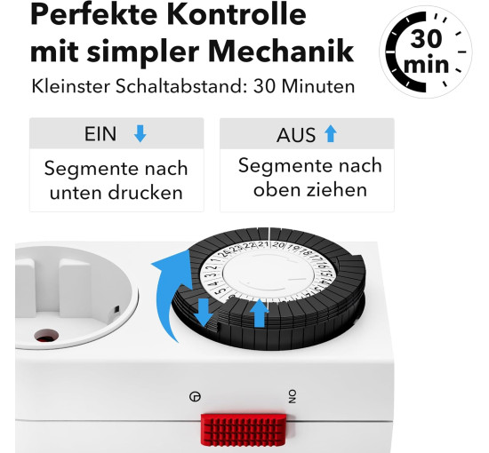 Механічний таймер HBN BND-50/G42N-VC, аналогова розетка для використання в приміщенні, 24-годинна програма, 16 A/3680 Вт, біла (0125)