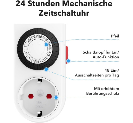 Механічний таймер HBN BND-50/G42N-VC, аналогова розетка для використання в приміщенні, 24-годинна програма, 16 A/3680 Вт, біла (0125)