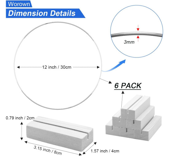 Металеві кільця Worown ‎CRL391 30 см з 6 штуками дерев'яних підставок для прикраси весільного столу, срібні (4087)