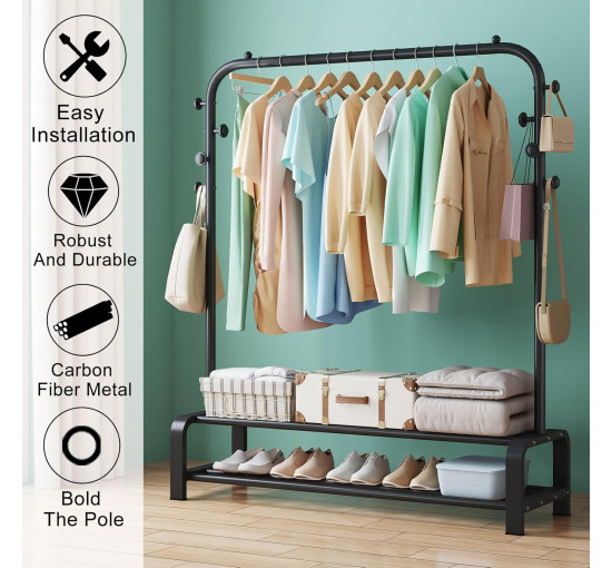 Металева вішалка для одягу SMILOVII YJ-A0, вішалка для одягу для спальні, для одягу та взуття, 4 бічні гачки, чорна (0097)