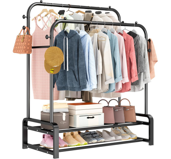 Металева вішалка для одягу SMILOVII YJ-C01, міцна вішалка для одягу, 8 підвісних гачків та 2-рівнева вішалка для взуття, чорна (0100)