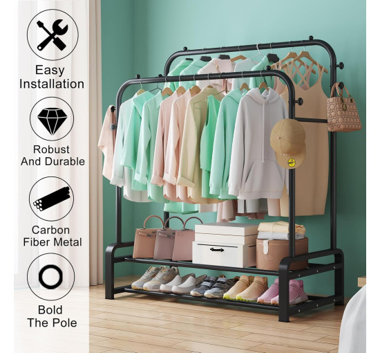 Металева вішалка для одягу SMILOVII YJ-C01, міцна вішалка для одягу, 8 підвісних гачків та 2-рівнева вішалка для взуття, чорна (0100)