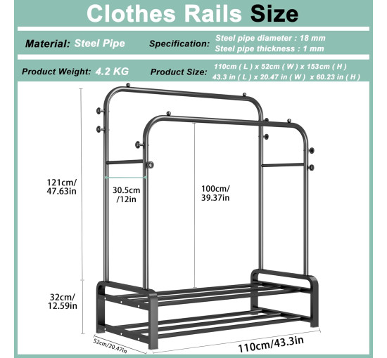 Металева вішалка для одягу SMILOVII YJ-C01, міцна вішалка для одягу, 8 підвісних гачків та 2-рівнева вішалка для взуття, чорна (0100)