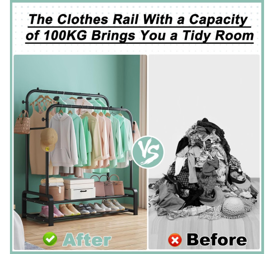 Металева вішалка для одягу SMILOVII YJ-C01, міцна вішалка для одягу, 8 підвісних гачків та 2-рівнева вішалка для взуття, чорна (0100)