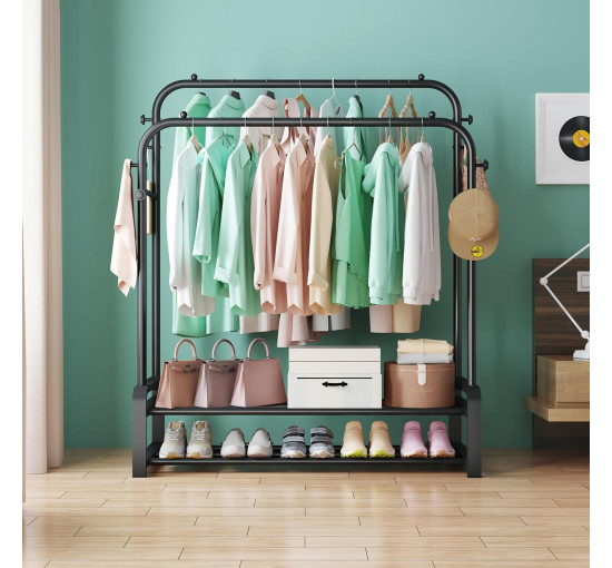 Металева вішалка для одягу SMILOVII YJ-C01, міцна вішалка для одягу, 8 підвісних гачків та 2-рівнева вішалка для взуття, чорна (0100)