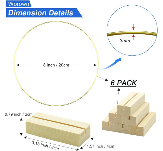 Металевий квітковий кілець Worown, 6 штук, з дерев'яними підставками для столу, золоті (4085)