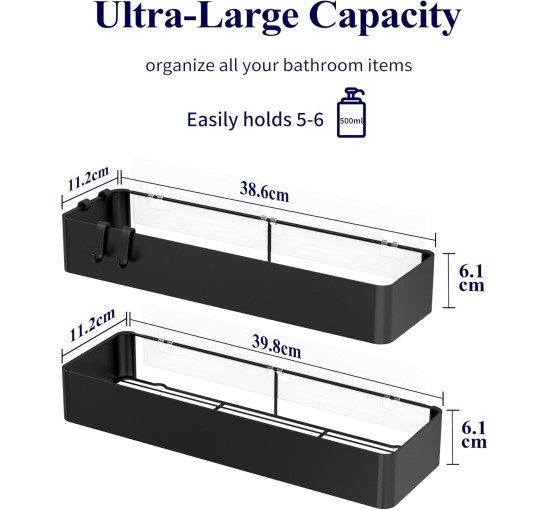 Набір з 2 нержавіючих органайзерів для ванної кімнати, міцний тримач для шампуню для душу, дуже великий, чорний (2082)