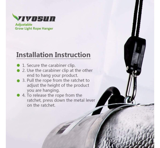 Пара регульованих мотузкових тримачів VIVOSUN для ламп, вантажопідйомність 150 фунтів, розмір 1/8 дюйма (2083)