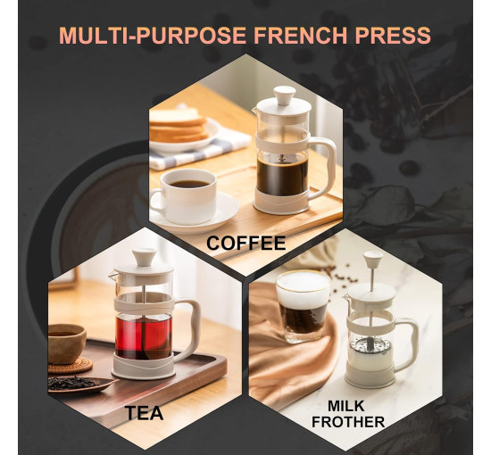 PARACITY Кавоварка/чайник French Press, для кемпінгу з фільтром з нержавіючої сталі 304 та термостійким склом, білий (5118)