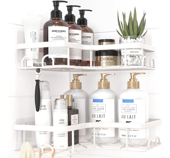 Полиця для душу Kitsure DE4157, нержавіючий тримач для гелю для душу, без свердління, кутова полиця для душу з 4 гачками, біла (2089)