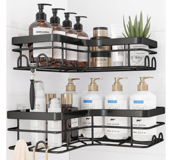 Полиця для душу Kitsure DE4157, нержавіючий тримач для гелю для душу, без свердління, кутова полиця для душу з 4 гачками, чорний (2090)