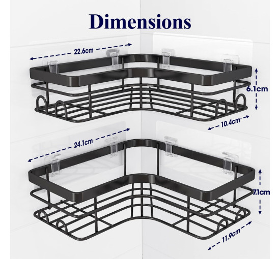 Полиця для душу Kitsure DE4157, нержавіючий тримач для гелю для душу, без свердління, кутова полиця для душу з 4 гачками, чорний (2090)