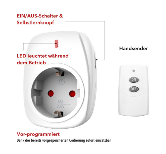 Радіорозетка HBN BNC-50/G89R-1-1 з 1 пультом дистанційного керування, 16 A/3680 Вт, біла (0118)