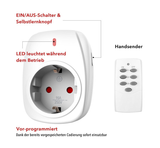 Радіорозетки HBN ‎BNC - 50/G89R з 1 пультом дистанційного керування 16 A/3,680 Вт, Комплект вилок (3шт) з дистанційним керуванням, білі (0127)