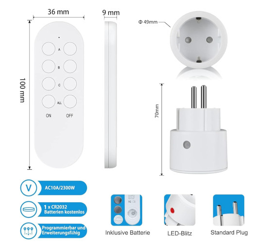 Радіорозетки SURNICE з пультом дистанційного керування, радіус дії 80 м, 10 А, 2300 Вт, міні-радіорозетка, біла (2102)