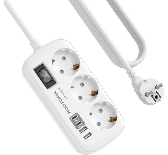 ROOTOMA Подовжувачі з кабелем 6188 на 3 розетки змінного струму та 4 USB, 1,5 м, 4000 Вт/16 А, білий (5066)