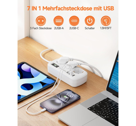 ROOTOMA Подовжувачі з кабелем 6188 на 3 розетки змінного струму та 4 USB, 1,5 м, 4000 Вт/16 А, білий (5066)