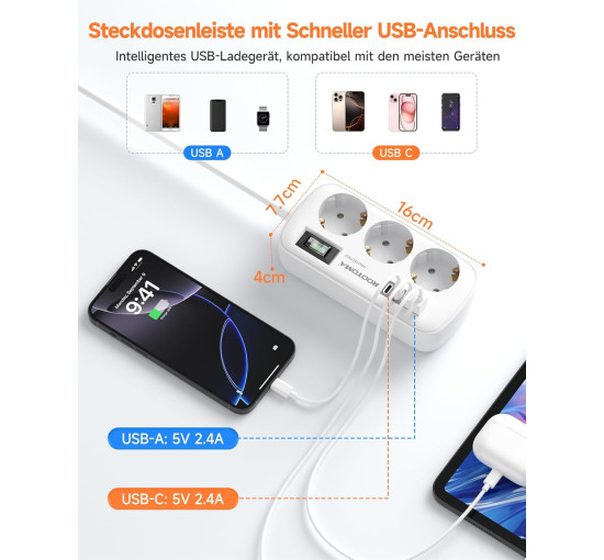 ROOTOMA Подовжувачі з кабелем 6188 на 3 розетки змінного струму та 4 USB, 1,5 м, 4000 Вт/16 А, білий (5066)