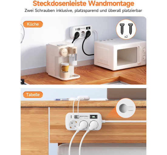 ROOTOMA Подовжувачі з кабелем 6188 на 3 розетки змінного струму та 4 USB, 1,5 м, 4000 Вт/16 А, білий (5066)