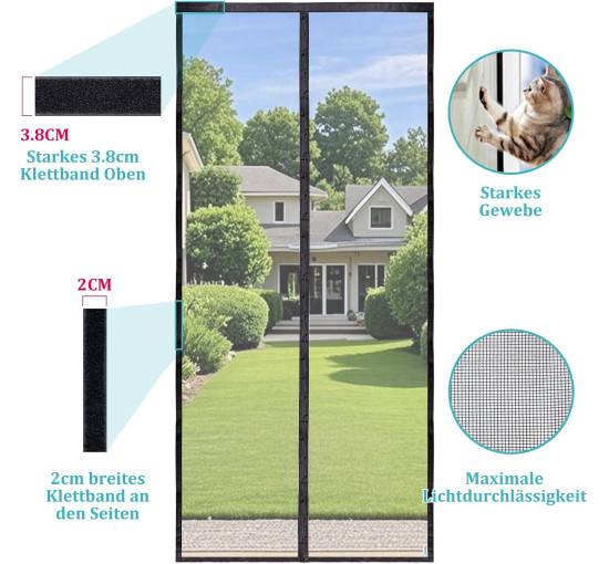 Сітка від комах Apalus Prime ‎BF003 для балконних дверей, магнітний захист від комах, 80 x 200 см,  верхня частина на липучці 3,8 см (0163)