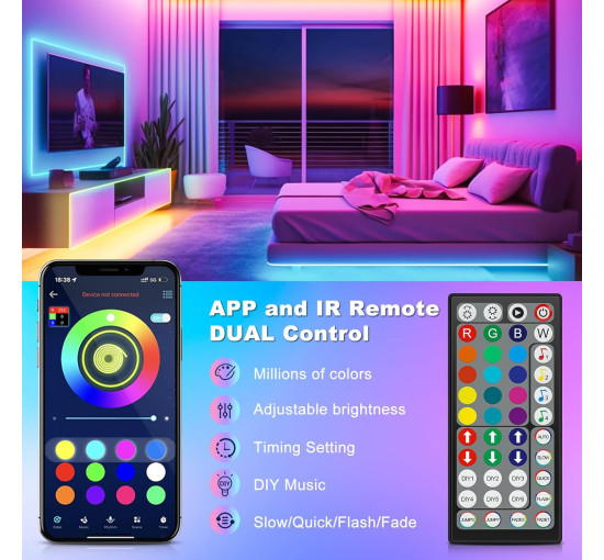 Світлодіодна стрічка Realky ‎HX-DD-006 10 метрів, RGB світлодіодні стрічки з дистанційним керуванням та застосунком (0064)