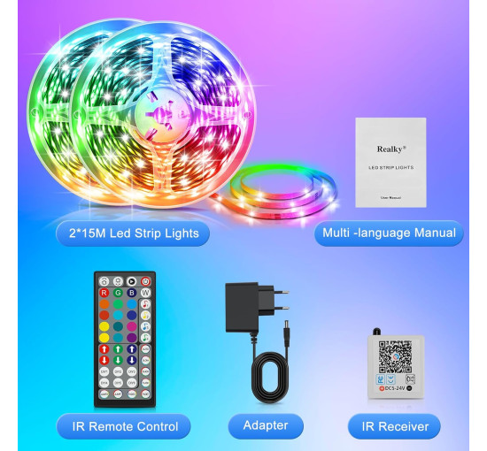 Світлодіодна стрічка Realky ‎HX-DD-006 10 метрів, RGB світлодіодні стрічки з дистанційним керуванням та застосунком (0064)