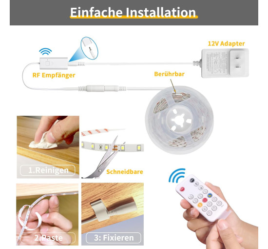 Світлодіодна стрічка WOBANE CS05-3000 5м. теплий білий, з регульованою яскравістю, з таймером, 12 В світлодіодна стрічка з пультом дистанційного керування (0051)