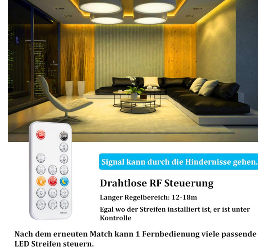 Світлодіодна стрічка WOBANE CS08-COB 10 м, теплий білий, з регульованою яскравістю, 3000 K світлодіодна стрічка з пультом дистанційного керування (0058)