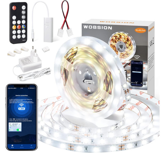 Світлодіодна стрічка WOBSION WBE026, біла, 3м 300 світлодіодів, холодно-біла стрічка 6000 K, керування мобільним телефоном для спальні, кухні (0052)