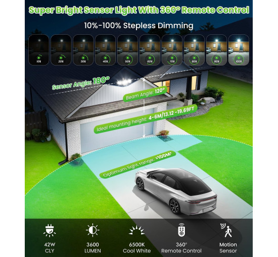 Світлодіодний прожектор CLY 42 Вт 3600 люмен, білий колір 6500K з датчиком руху та пультом дистанційного керування, білий (0072)