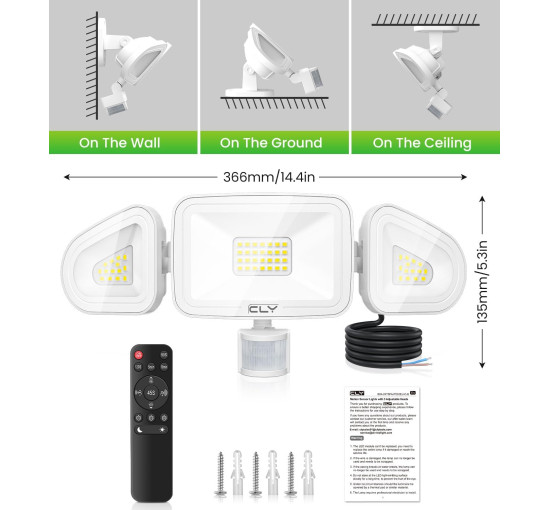 Світлодіодний прожектор CLY 42 Вт 3600 люмен, білий колір 6500K з датчиком руху та пультом дистанційного керування, білий (0072)