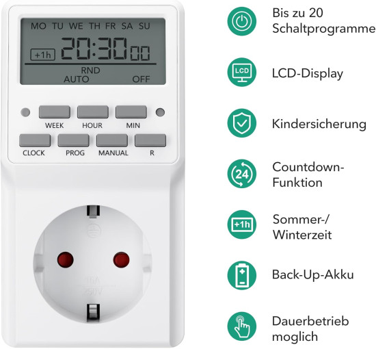 Цифрова розетка-таймер HBN BNC-50/G87 з 20 програмами перемикання, тижневий таймер для внутрішнього використання, зворотний відлік, біла (0109)