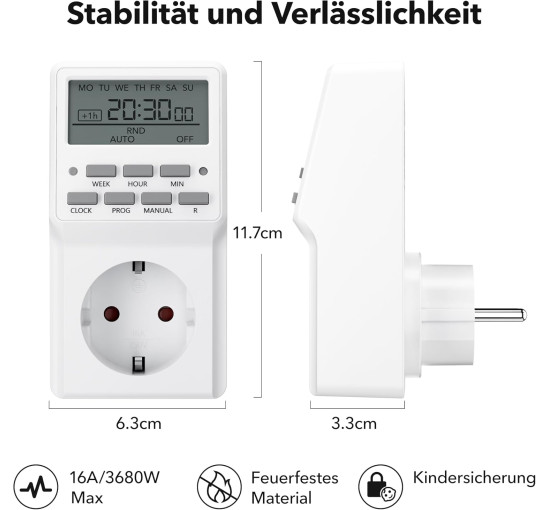 Цифрова розетка-таймер HBN BNC-50/G87 з 20 програмами перемикання, тижневий таймер для внутрішнього використання, зворотний відлік, біла (0109)
