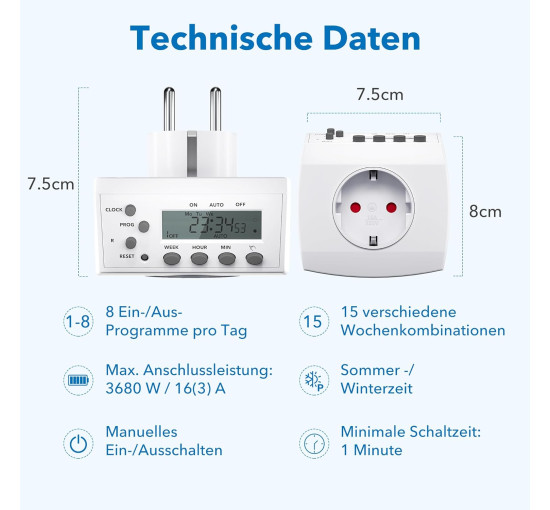 Цифровий таймер HBN BND-50/SG3, комплект із 2 шт., тижневий таймер з 8 програмами перемикання, розетка таймера, біла (0132)