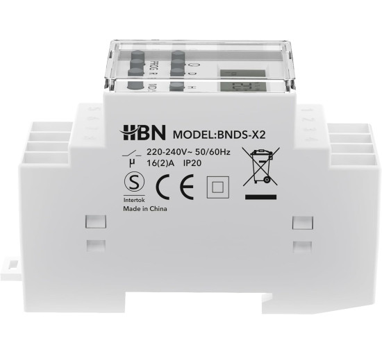 Цифровий таймер HBN BNDS-X2 для DIN-рейки, монтаж на панель перемикачів, 3680 Вт, 8 програм перемикання, 7-денний таймер, білий (0122)