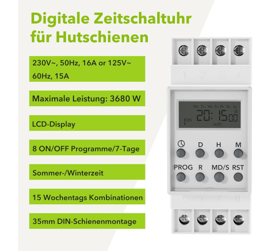 Цифровий таймер HBN BNDS-X2 для DIN-рейки, монтаж на панель перемикачів, 3680 Вт, 8 програм перемикання, 7-денний таймер, білий (0122)