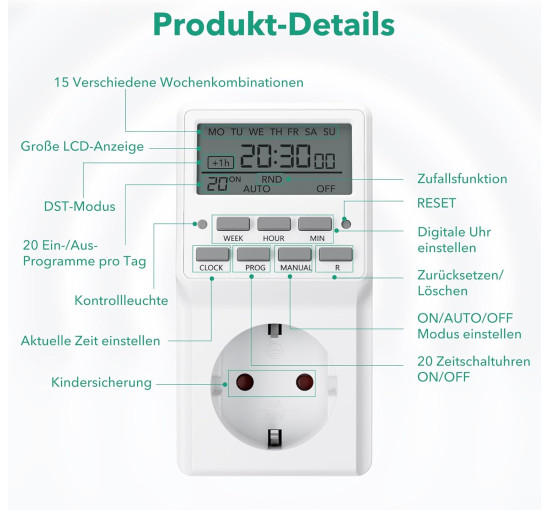 Цифровий таймер HBN BNE-50/G87 (2шт) тижневий таймер з 20 програмами перемикання, розетка таймера для використання в приміщенні, білі (0131)
