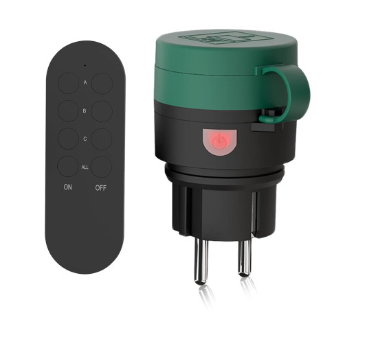 Водонепроникна розетка з дистанційним керуванням, комплект радіовимикачів 10 A/2300 Вт, 1 радіорозетка + 1 пульт, зелена (2109)