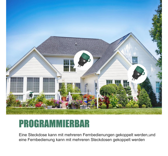 Водонепроникна розетка з дистанційним керуванням, комплект радіовимикачів 10 A/2300 Вт, 1 радіорозетка + 1 пульт, зелена (2109)