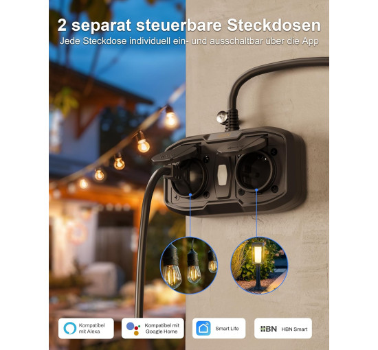 Вулична WiFi розетка HBN BNC-50/G86WT з 2 розетками 16A 3600W Кабель 1,5 м Розумна зовнішня розетка IP54 Водонепроникна подвійна (0136)