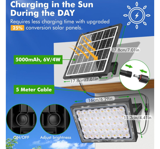 Вуличний прожектор на сонячних панелях CLY SL-FL04 30 Вт, регульована яскравість, з акумуляторною батареєю 5000 мАг, сонячні прожектори (0073)